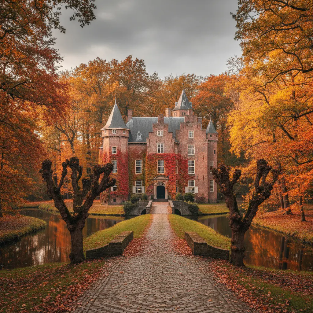 Kasteel in de herfst met gekleurde bladeren