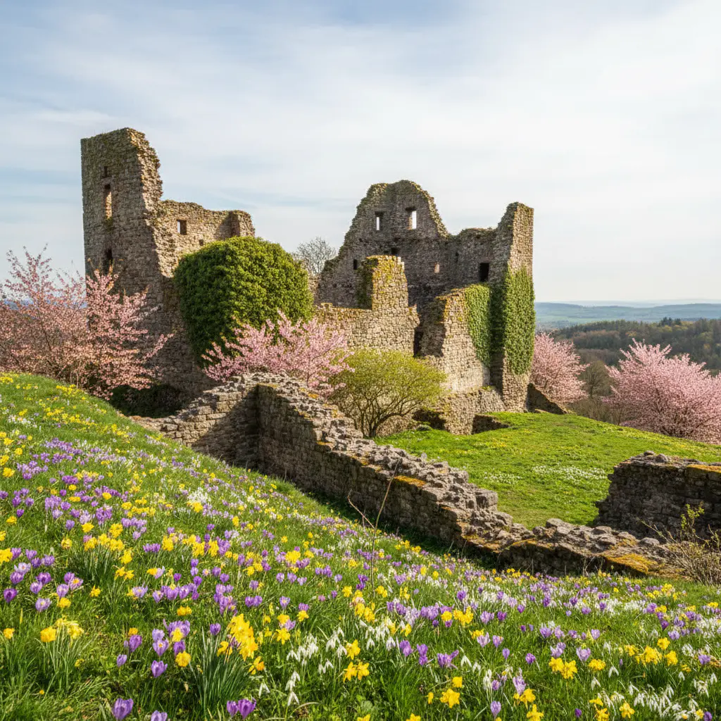 Kasteel in de lente met bloemen
